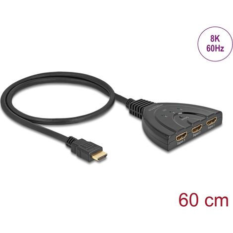Delock Conmutador HDMI 3 x entrada HDMI a 1 x salida HDMI 8K 60 Hz con cable integrado de 60 cm