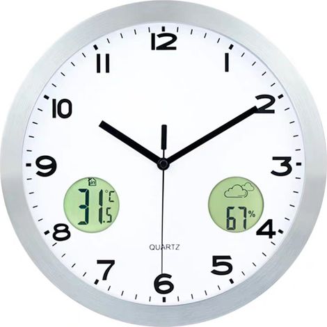 Horloge murale sans fil argentée avec thermomètre et hygromètre, horloge extérieure silencieuse - Température/Humidité - Hygromètre (1/3)