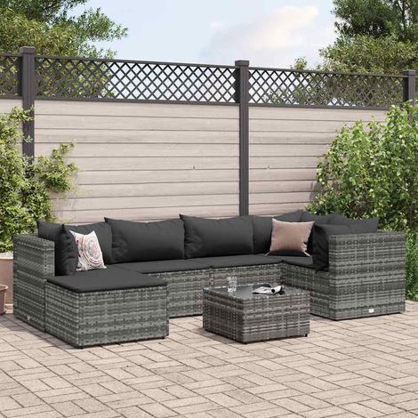 7-tlg. Garten-Lounge-Set mit Kissen Grau Poly Rattan (1/5)