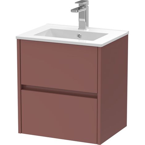 Chartley Contemporary Wall Hung 2 Drawer Vanity Basin Unit, Minimalist Basin, 500mm, Smoked Red (1/4)