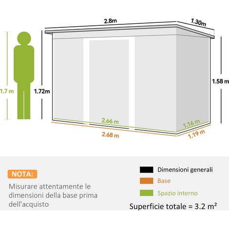 Abri de jardin de 3,2 m² en acier galvanisé (avec kit de base, aérations, toit incliné et double porte coulissante verrouillable), vert clair (1/5)