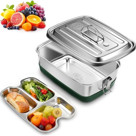 2000ML Lunch Box Inox Boite Gouter Inox avec Compartiments, Sans BPA Anti-Fuite Stainless Steel Lunch Box Avec Bague d'Étanchéité pour Pique Nique, Bureau, École, (1/5)