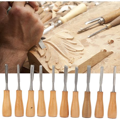 Ensemble de 10 couteaux et ciseaux à sculpter avec manches en bois dur - outils à main pour le travail du bois (1/5)