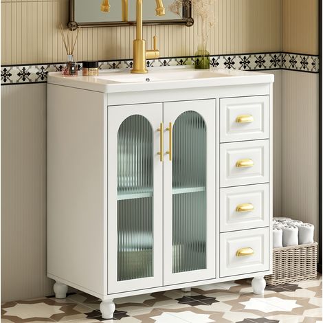 Mobile bagno da 80 cm con armadietto, 2 ante, 3 cassetti e lavabo in porcellana, in MDF bianco. (1/5)