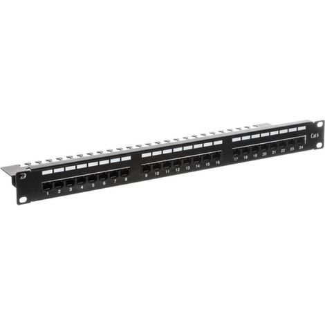 Panneau de brassage complet 19 pouces, 24 ports RJ45 U/UTP cat. 6, format 1U, avec plateau, noir (RAL 9005) DN-91624U-EC