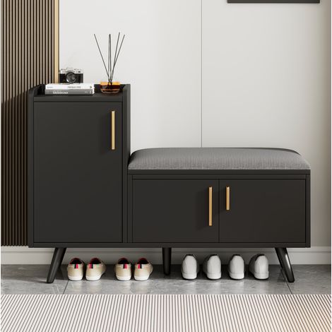 Banco zapatero con 3 puertas, almacenamiento en niveles, 100 x 34 x 68,5 cm, negro, REDOM (1/5)