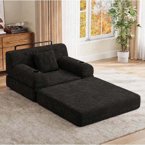 Sofá cama individual de terciopelo acanalado negro con respaldo alto, 4 bolsillos y 2 portavasos (1/5)