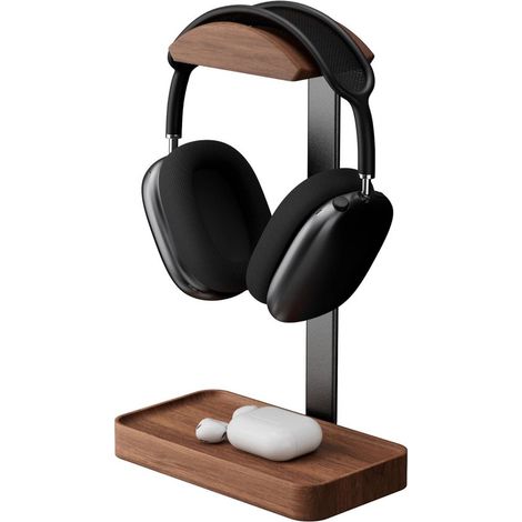 Supporto per cuffie in legno di noce - Supporto per cuffie - Supporto per microfono - Supporto per cuffie da gaming - Con base di appoggio - Supporto per cuffie da scrivania - Supporto universale per (1/5)