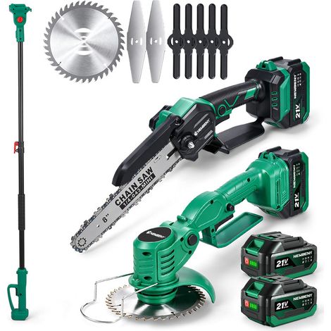 Kit outils du jardinier 3 en 1,tronçonneuse 8 pouces + Coupe-bordure 6 pouces +perche télescopique 1,7 m, réglage à 180° - 2 batteries 4 Ah