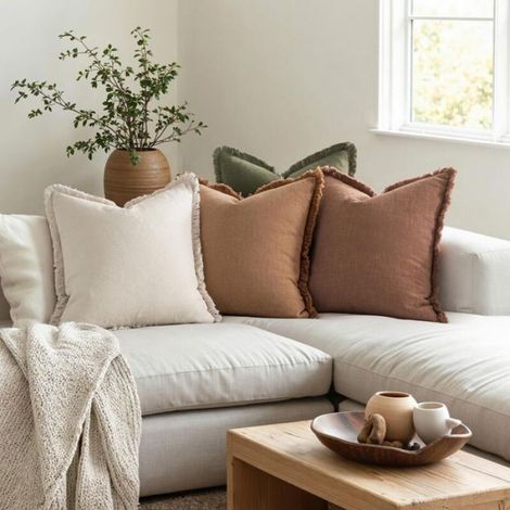 Lot de 4 housses coussin décoratives automne, lin neutre à franges, bohème rustique, 45 cm, beige/marron/vert (1/4)