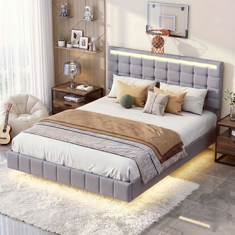 Lit double 140x200 cm, lit flottant rembourré, avec éclairage LED et tête de lit à lattes, en lin, sommier à lattes, structure en métal, adapté aux adultes, adolescents - Gris