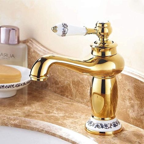 Grifo, grifo creativo para lavabo de baño, grifo monomando para armario con agua fría y caliente, lavabo de tocador de latón vintage con cerámica floral, dorado (1/3)