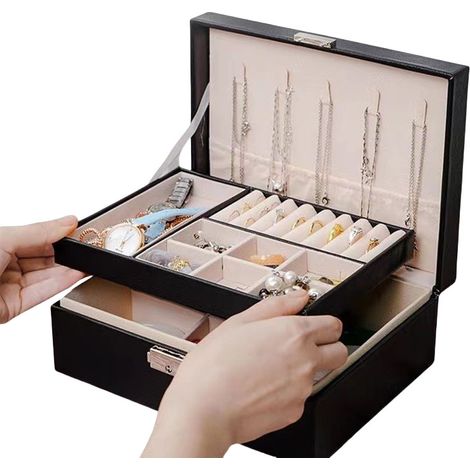 Boîte à bijoux avec serrure, noire, double couche, cuir PU, étui de voyage noir
