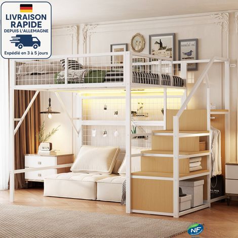 Letto a soppalco 140x200 cm - Letto a soppalco multifunzionale in metallo - Dotato di striscia luminosa a LED controllata tramite APP - Scala e armadio aperto con spazio di archiviazione - bianco