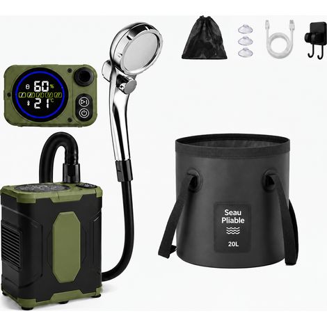 Douche de camping portable électrique 10000 mAh vert foncé à embout fileté avec seau 20 L 1w 20l noir réf 26 × 19 × 7 cm 1,1 kg – Livraison gratuite