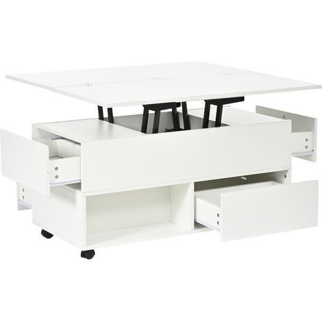 Höhenverstellbarer weißer Couchtisch 100 x 50 x 52 cm mit 4 Schubladen und Rollen MODENUIT (1/5)