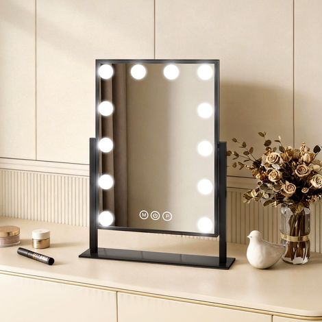 EMKE Hollywood Kosmetikspiegel 47.5x36.5cm Quadratisch Dimmbar 3 Lichtfarben Vergrößerung Touch Steuerung 360° drehbar Schwarz