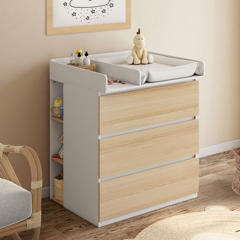 Mueble cambiador AMBRE, acabado haya y blanco 3 cajones, cambiador y 2 estantes extraíbles (1/5)