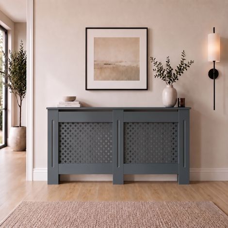 Radiator Cover Large Anthracite Grey Traditional Cross Slat MDF Cabinet with Display Shelf 1520x815x190mm (1/5)