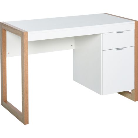 Bureau spacieux avec caisson à tiroirs, piètement de style moderne, 112,5 x 50 x 75,5 cm, blanc (1/5)