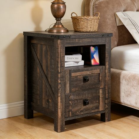 Table de chevet bois Style Farmhouse avec Station de Charge, Meuble d'Appoint à 2 Tiroirs de Rangement pour Chambre & Salon - Panneau de Particules Dark Rustic Oak (1/5)