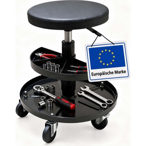 Relaxdays Werkstatthocker, Rollen, höhenverstellbar, Montagehocker, Ablage, 5 Rollen, HxD: 42-56x38 cm, Metall, schwarz (1/5)