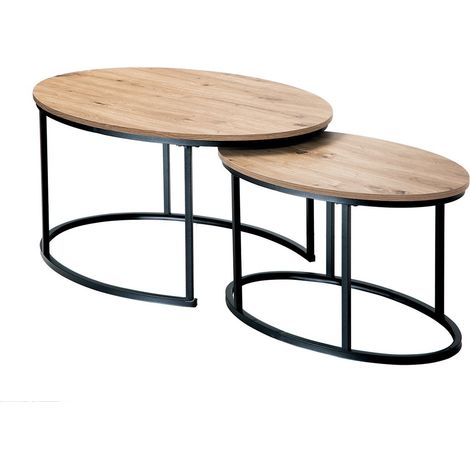 CALICOSY - Lot de 2 tables basses gigognes ovales effet chêne L90 cm - LENNY (1/5)