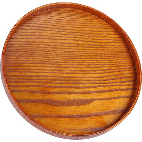 Plateau de service rond en bois naturel, assiette en bois, plat de service pour thé, nourriture, eau et boissons, 24 cm (1/5)
