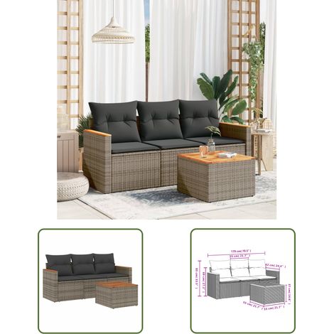 The Living Store 4-tlg. Garten-Sofagarnitur mit Kissen Grau Poly Rattan - Gartenmöbel - Outdoor Möbel - Rattan Sofa - Lounge Set - Esstisch (1/3)