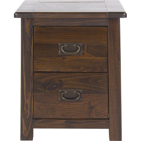 Dark Wood Bedside Cabinet Solid Pine 2 Drawer Side Table Nightstand Metal Handle
