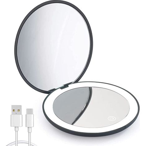 Miroir compact LED rechargeable, grossissement 1x/10x, petit miroir de maquillage de voyage à luminosité réglable, miroir de poche pour sac à main, miroir double face portable, cadeau pour filles, cya (1/5)