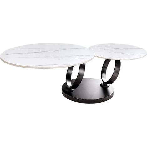 Mesa de centro SOLYNE 133 cm blanca efecto mármol con bandejas giratorias y estructura negra mate (1/5)