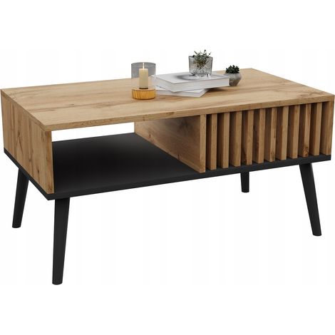 Table basse scandinave, lamelles de chêne noir, table de style loft avec étagère (1/5)