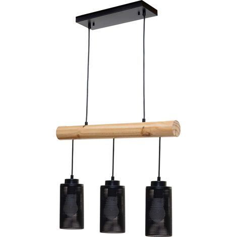 Lampe à suspension HWC-H83,métal industriel, bois massif, noir 3x abat-jours tubulaires (1/5)