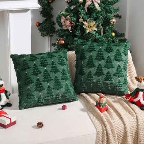 Lot de 2 Housses de Coussin Sapin de Noël Vert 40 × 40 cm, Fausse Fourrure Douce avec Étoiles, pour Chambre Canapé, sans Garnissage (1/5)