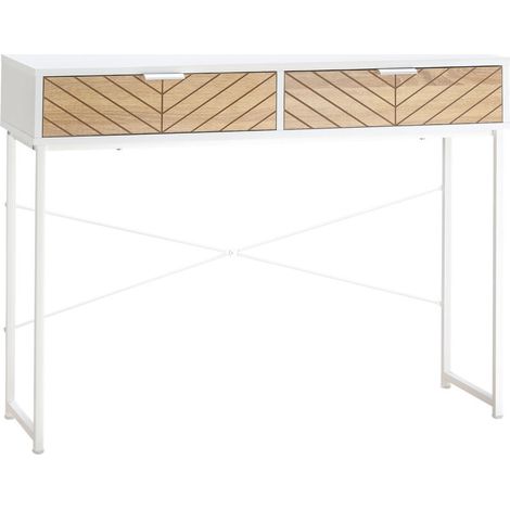 Table Console Industriel 2 tiroirs Aspect Bois de chêne sculpté Motif à Chevrons piètement métal Blanc (1/4)