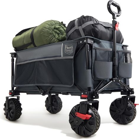XXL Chariot de Plage Pliable Roues Tout Terrain avec Frein Chariot camping pliable Roues amovibles, poignée réglable et poche latérale, pour camping, plage, jardin et pique-nique (1/5)