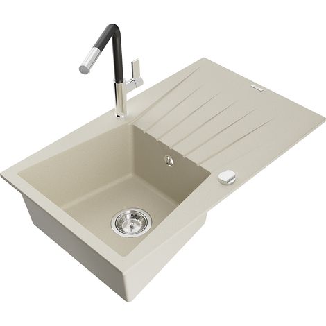 Mexen Cesar fregadero de granito de 1 taz贸n con escurridor y grifo de cocina Flora, beige - 6514-69-670401-07