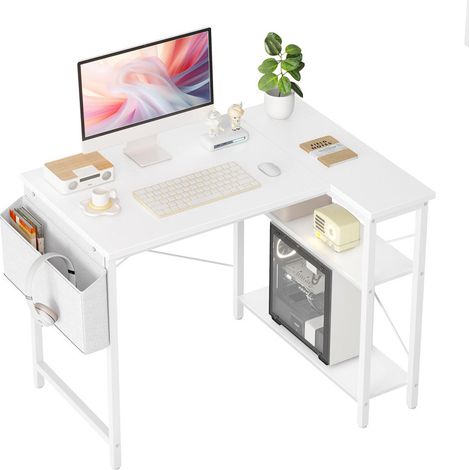 L-Shaped Corner Desk, Reversible Gaming Computer Desk with Storage Shelves, Small Writing Workstation Bookshelf for Home Office & Study (1/5)
