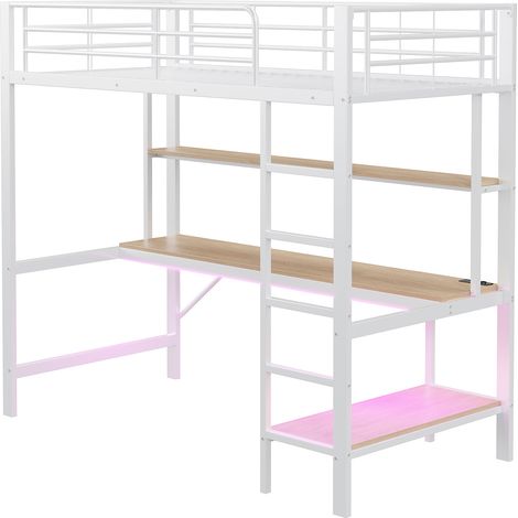 CAIziLit mezzanine 90x200 blanc, bureau, LED, USB, échelle, sans matelas (1/5)