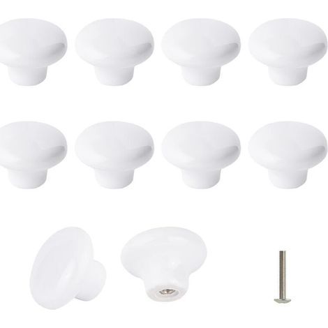 Set mit 10 weißen Keramikknöpfen, Keramik-Türgriffen, runden Retro-Keramik-Schrank- und Schubladengriffen für die Küche, 32 mm, mit 3 Schraubengrößen (1/4)
