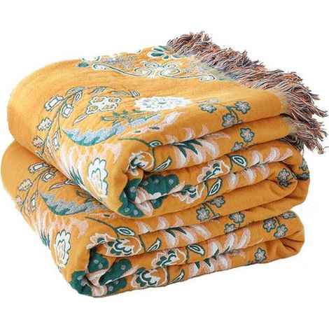 Jeté de canapé – Couvre-lit – Couverture – Couvre-lit à pompons – Motif oiseaux et fleurs – Décoration intérieure – 150 x 200 cm – Convient pour le salon et la chambre – Coton – Jaune (1/5)