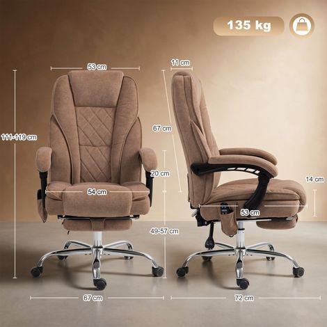 Fauteuil ergonomique massant à roulettes, dossier inclinable, assise pivotante avec repose-jambes, teinte marron, usage bureau (1/5)