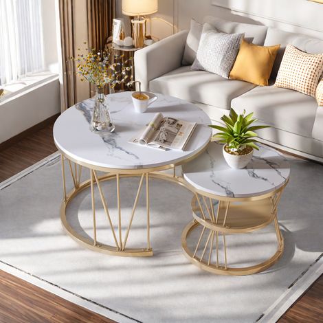 Modernes Satztisch-Set,2-teiliges Beistelltisch-Set,Goldrahmen,Tischplatte aus Marmorimitat, runde Couchtische, Satz-Beistelltische für Wohnzimmer, Büro (Typ A)