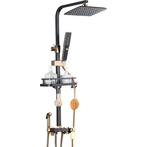 Colonne de douche thermostatique noir et or avec 4 boutons de commande, douche de tête carrée extra-plate effet pluie, douchette à main, kit de douche mural en laiton et acier inoxydable, jet renforcé (1/4)