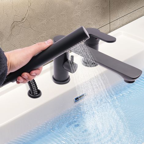 3-Loch-Badewannenarmatur, Badewannenarmatur mit Handbrause und Schlauch, Messing-Mischbatterie für Warm- und Kaltwasser, einstellbar, schwarz (1/5)