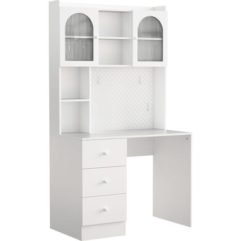 Escritorio multifuncional blanco con librería, vitrina de vidrio y 3 cajones, 100 x 55 x 180 cm, MDF (1/5)