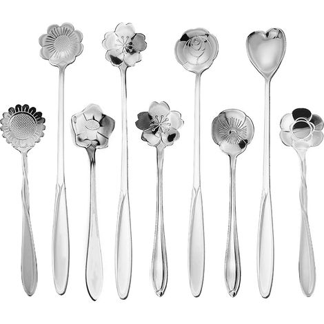 Cuillères à café en forme de fleur en acier inoxydable (argent) – Lot de 9 idéales pour mélanger le thé glacé, le café glacé et les milk-shakes. (1/3)