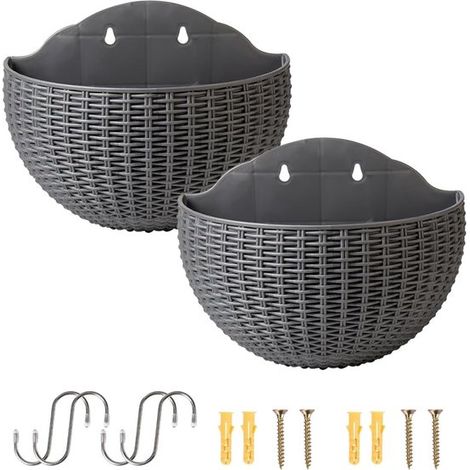 Maceteros colgantes de pared，2 macetas semicirculares de plástico con drenaje y 4 ganchos，4 tornillos para jardín，barandilla de balcón (gris)