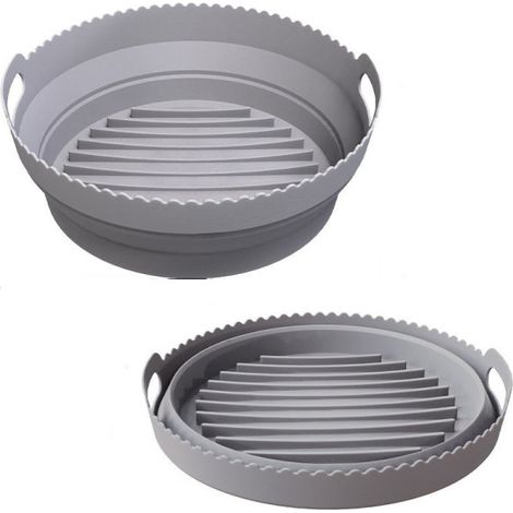 Lot de 2 moules ronds en silicone pour friteuse à air, gris, 20 cm, pliables et réutilisables, adaptés à la cuisson facile. (1/5)